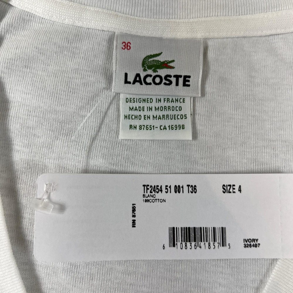 Lacoste V-Neck T-Shirt Women US Size S (EU/4) White Cotton Logo Tee Vintage NWT - Picture 4 of 10